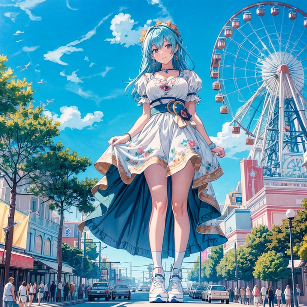 masterpiece　　Unreal Engine　Anime Style　Delicate painting　4K　90's　giant　crowd　 　amusement park　to　amusement parkに立っている巨大な女の子　Ferris wheel　ジェッtoコースター　　crowd　スカーto　Big Breasts　White T-shirt　Summer clothes　Short sleeve　Private Server　sneakers　White socks　watch　Black Hair　　smile　blue sky　cumulonimbus　Contrail　female giant giant girl Whole body 　 Crowd Unreal Engine,cleavage ,a drawing of a , earrings, long hair, 1980s (style) Cute picture　Beauty　Analog style　whole body　sneakers　