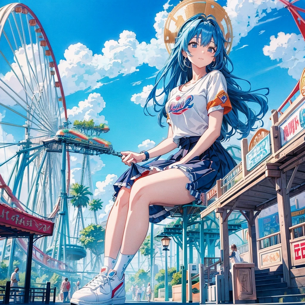 masterpiece　　Unreal Engine　Anime Style　Delicate painting　4K　90's　giant　crowd　 　amusement park　to　amusement parkに立っている巨大な女の子　Ferris wheel　ジェッtoコースター　　crowd　スカーto　Big Breasts　White T-shirt　Summer clothes　Short sleeve　Private Server　sneakers　White socks　watch　Black Hair　　smile　blue sky　cumulonimbus　Contrail　female giant giant girl Whole body 　 Crowd Unreal Engine,cleavage ,a drawing of a , earrings, long hair, 1980s (style) Cute picture　Beauty　Analog style　whole body　sneakers　