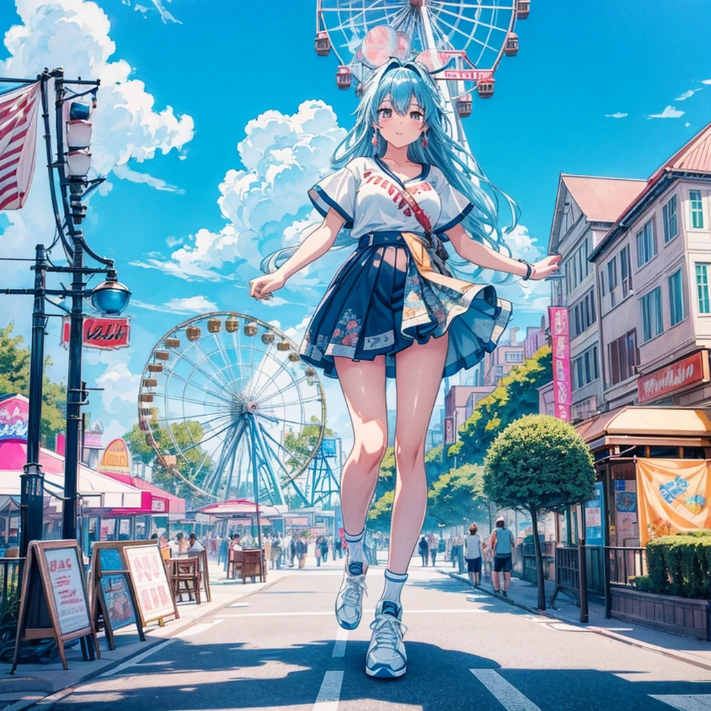 masterpiece　　Unreal Engine　Anime Style　Delicate painting　4K　90's　giant　crowd　 　amusement park　to　amusement parkに立っている巨大な女の子　Ferris wheel　ジェッtoコースター　　crowd　スカーto　Big Breasts　White T-shirt　Summer clothes　Short sleeve　Private Server　sneakers　White socks　watch　Black Hair　　smile　blue sky　cumulonimbus　Contrail　female giant giant girl Whole body 　 Crowd Unreal Engine,cleavage ,a drawing of a , earrings, long hair, 1980s (style) Cute picture　Beauty　Analog style　whole body　sneakers　