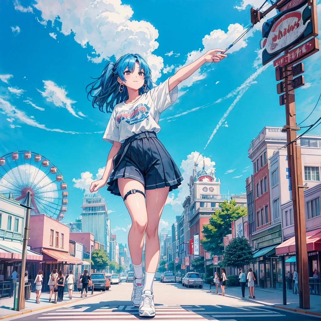 masterpiece Unreal Engine Anime Style Delicate painting 4K 90's giant crowd amusement park to amusement parkに立っている巨大な女の子 Ferris wheel ジェッtoコースター crowd スカーto Big Breasts White T-shirt Summer clothes Short sleeve Private Server sneakers White socks watch Black Hair smile blue sky cumulonimbus Contrail female giant giant girl Whole body Crowd Unreal Engine,cleavage ,a drawing of a , earrings, long hair, 1980s (style) Cute picture Beauty Analog style whole body sneakers