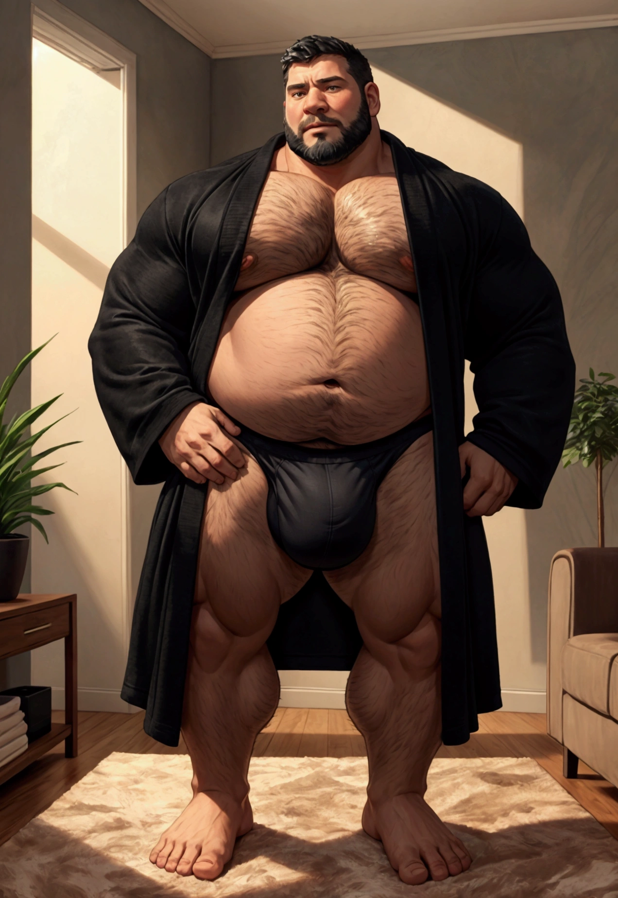 40 years old white Male, tall, giant body, masculine, handsome, dad bod, beefy, strong arms and legs, wide shoulders, a bit chubby muscle gut, a bit of fat but still very muscular, (extremely hairy), (a lot of body hair), short beard, untie black bathrobe with long sleeves, ((black brief with a oversized huge bulge)), barefoot, smirking, modern minimalist living room