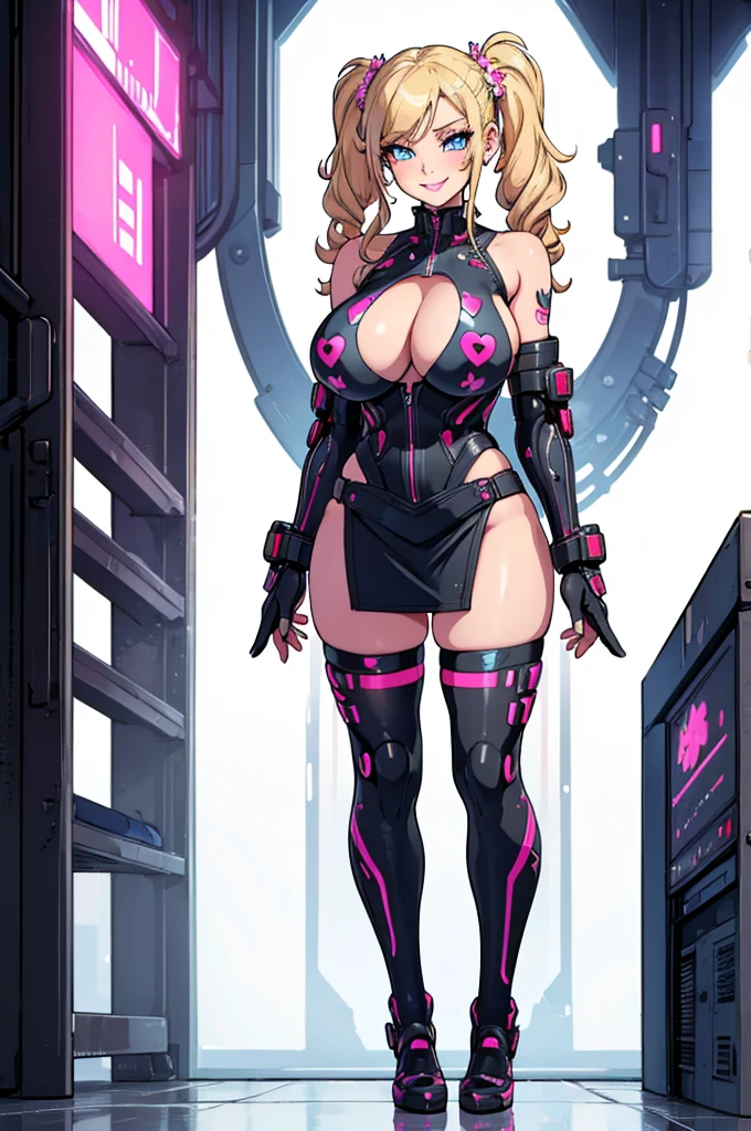 (masterpiece, best quality, high resolution, (huge breasts)) 1 girl, blonde hair gathered in 2 curly pigtails, blue eyes, pink lips, cyberpunk style estraple, cyberpunk style miniskirt, long striped stockings, flirtatious smile, flirtatious posture, (white background, Stickers.Redmond), ((full body standing)),
