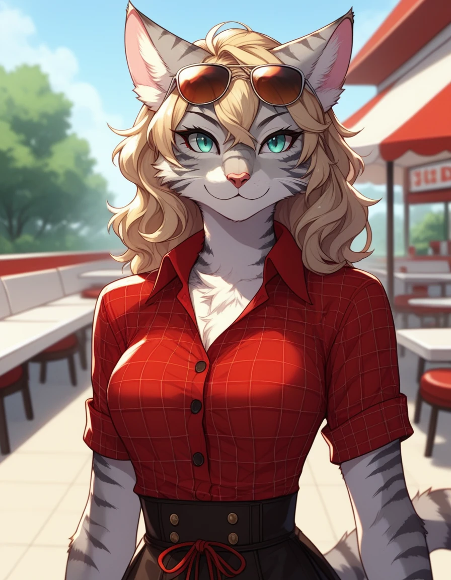score_9,score_8_up,score_7_up, kemono style, Kat, Anthro furry feline, silver fur, grey stripes on body, aviator sunglasses, short wavy blonde hair, red bandana tied to head, pink nose, :3, upper body shot, wearing red plaid tied collared shirt, black waist shorts with buttons, outdoors, standing in front of a 1940s diner, on hand one waist, full body shot, red pumps heels, seductive pose, full body shot