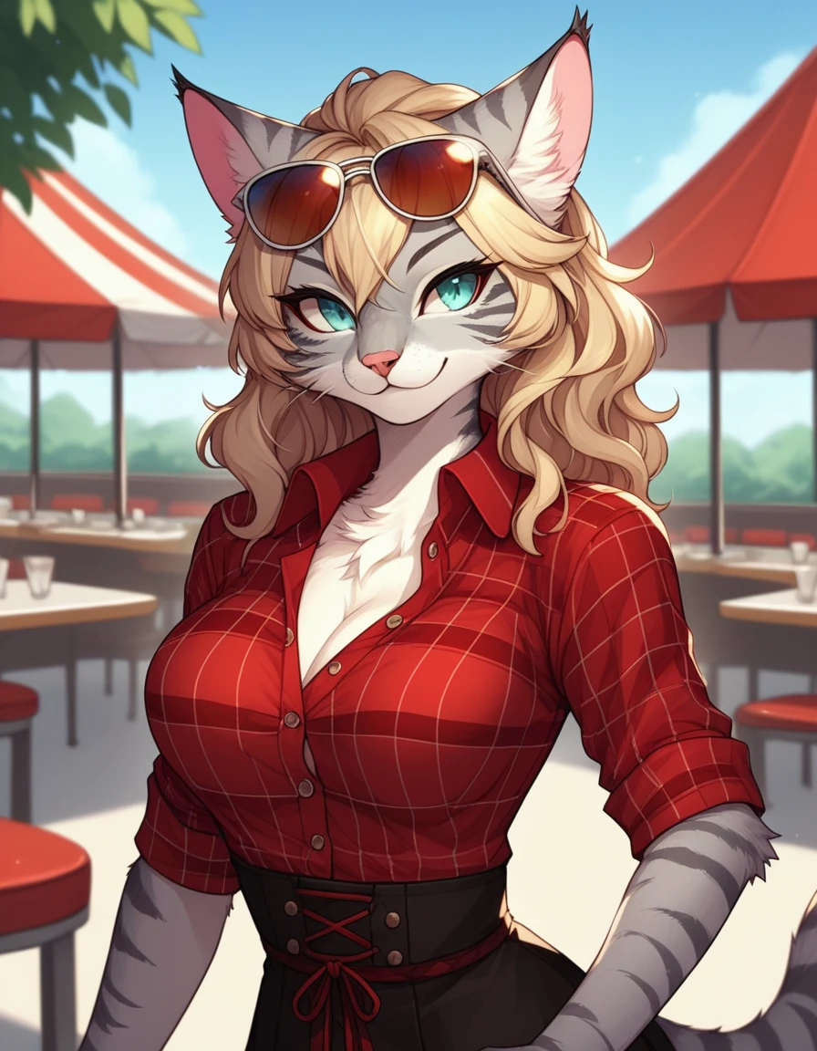 score_9,score_8_up,score_7_up, kemono style, Kat, Anthro furry feline, silver fur, grey stripes on body, aviator sunglasses, short wavy blonde hair, red bandana tied to head, pink nose, :3, upper body shot, wearing red plaid tied collared shirt, black waist shorts with buttons, outdoors, standing in front of a 1940s diner, on hand one waist, full body shot, red pumps heels, seductive pose, full body shot