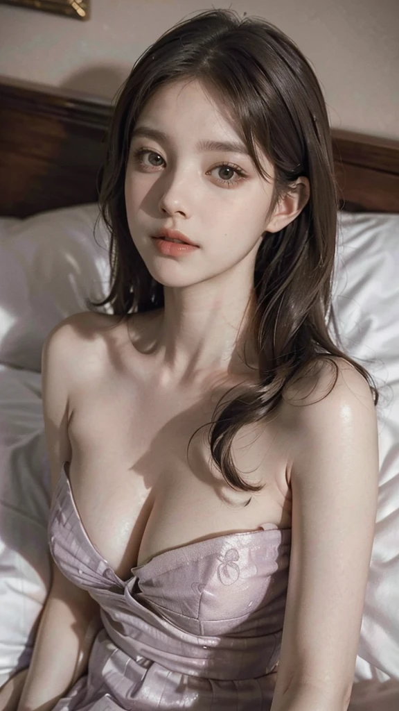 1girl in bed, strapless lavender blouse, pale skin, medium hairlength, large breasts, detailed face, detailed eyes, detailed nose, detailed lips, cinematic lighting, warm color tones, natural lighting, photorealistic, masterpiece, ultra-detailed, highly detailed, 8k, realistic, intricate details, sharp focus