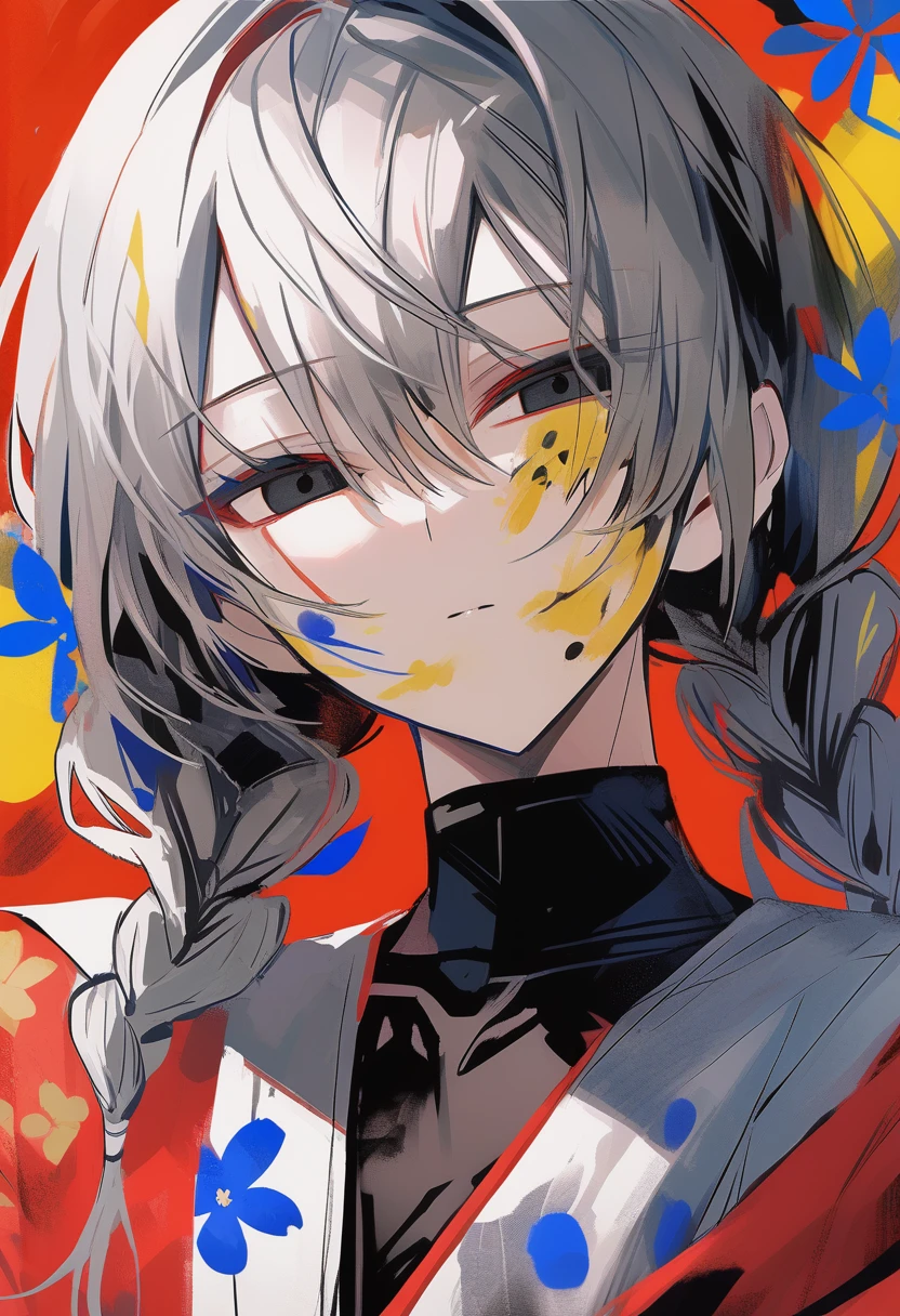 masterpiece, Highest quality,
//////////////One girl, alone, paint splatter, View your viewers, Hair between the eyes, blue flower, paint splatter on face, flower, Portraiture, Long Hair, Braiding, Mouth closed, bangs, clavicle, twin curls, black eye, Red background, shirt, yellow flower, Twin tails, Straight, Expressionless, paint
////////