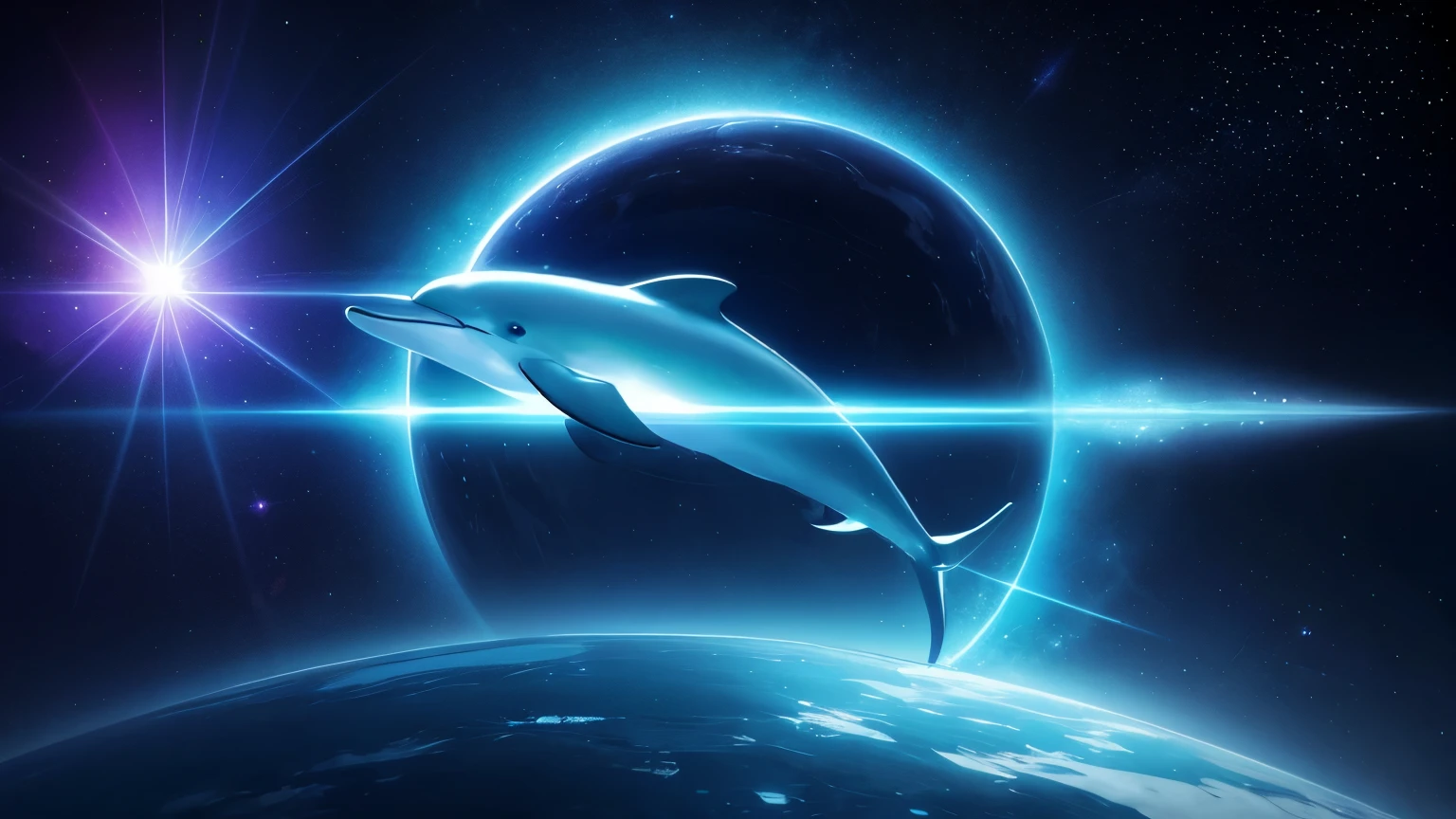 Dolphin surrounded by cosmic energy, Sirius star in background, ethereal light beams, spiritual messenger concept, digital art, vibrant colors