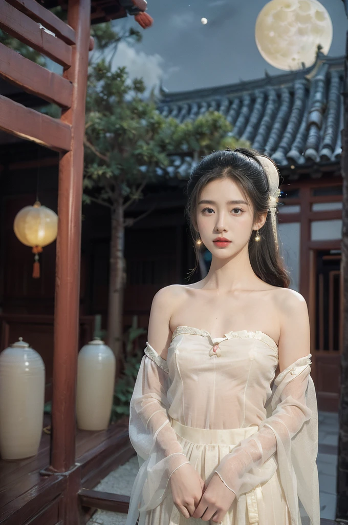 (((best quality))),(((ultra detailed))),(((masterpiece))),illustration,((1 beautiful girl,solo)),(short ponytail:1.2),((bright eyes,gentle smile)),((slim,thin)),((small breasts,flat chest)),(strapless white see through sheer Hanfu:1.3),flowing fabric,serene demeanor,vibrant plants and trees,(Chinese-style architecture:1.3),tile roofs,intricate wooden carvings,rich and vivid colors,(serene glow of the moon:1.5),(((colorful clouds))),traditional Chinese garment,(((summer night,village courtyard))),(standing:1.3),(arms behind back:1.3),((from front,upper body))