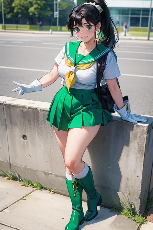 A chubby girl with freckles and black hair in a ponytail, dressed as Sailor Jupiter, wearing green boots and white gloves with a shy look on her face. Comiket Venue