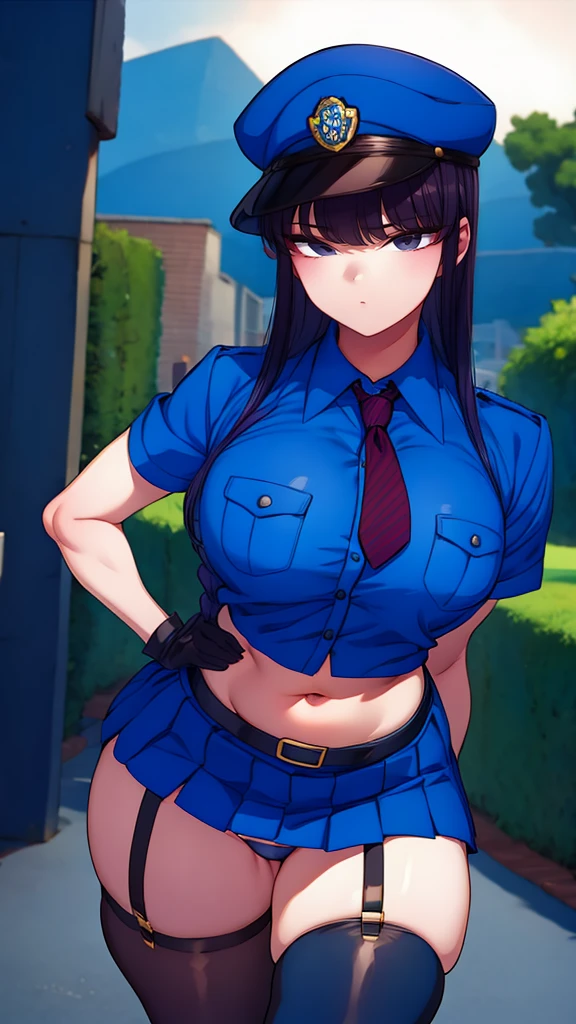 a cartoon character in a sexy suit posing on the street with a bush, police officer, police uniform, 1 girl, police woman, shirt, skirt, hat, tie, police cap, blue eyes, gloves, breasts, purple hair very dark, thighs, solo, navel, garter straps, looking at viewer, short sleeves, large breasts, underwear, miniskirt, midriff, ass visible through thighs, panties, outdoors, indentation, braid, hand in hand hip, belt, black skirt, uniform, collared shirt, frown, thigh highs, peaked cap, crop top, black panties, blue shirt, chest pocket, V-shaped eyebrows, Eiko Tsukimi, blue eyes, purple hair very dark baseball cap