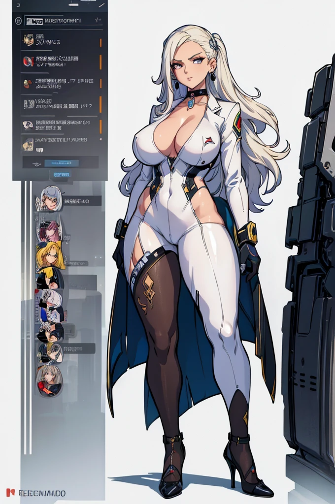 (masterpiece, best quality, high resolution, (huge breasts)) woman, very straight long white hair, white cyberpunk style business woman suit, earrings and choker, high heels, pantyhose, serious posture, (white background, Stickers.Redmond) , ((full body standing)),