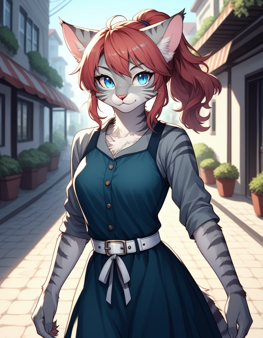 Solo, score_9,score_8_up,score_7_up, kemono style, Kat, Anthro furry feline, silver fur, grey stripes on body, blue eyes, short wavy blonde hair, red hair tie, pink nose, :3, wearing blue checkered romper, white belt, walking down the street of a 1940s manhattan city, playful pose 