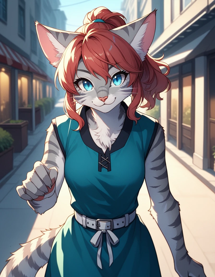 Solo, score_9,score_8_up,score_7_up, kemono style, Kat, Anthro furry feline, silver fur, grey stripes on body, blue eyes, short wavy blonde hair, red hair tie, pink nose, :3, wearing blue checkered romper, white belt, walking down the street of a 1940s manhattan city, playful pose