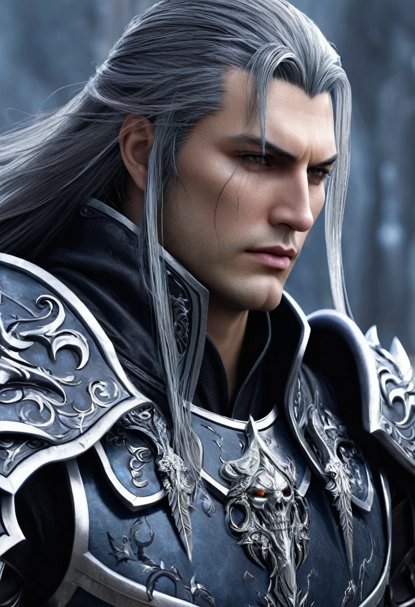 
Create a detailed character design for a Nephilim knight, blending elements of celestial heritage and dark, forbidding armor reminiscent of a Death Knight. This character should embody a fusion of divine power and ominous presence. Take inspiration from the Warcraft universe, particularly the character of Arthas, in both his princely and Death Knight forms, and incorporate the gritty, brutal style of Guts from Berserk. Additionally, include facial features similar to Guts and Sephiroth from Final Fantasy.

**Character Background:**
- **Name:** Seraphim Arcturus
- **Lineage:** Half-angel, half-human, with a tragic past that led to his fall from grace.
- **Role:** A fallen protector turned dark avenger, bound to both celestial duties and a cursed destiny.

**Physical Appearance:**
- **Height:** 6'6"
- **Build:** Muscular, rugged, and imposing, with the battle-worn look of a seasoned warrior.
- **Eyes:** Glowing with an icy blue light, reminiscent of the Lich King's gaze.
- **Hair:** Long, silver, and flowing, cascading down his back, with a similar style to Sephiroth’s.
- **Face:** Sharp, angular features with a strong jawline, combining the intense, determined expression of Guts and the ethereal, almost otherworldly handsomeness of Sephiroth.
- **Wings:** Once pure and angelic, now tattered and darkened with shadowy tendrils.

**Armor:**
- **Design:** Heavy, ornate Death Knight armor with intricate engravings and glowing runes. The armor should combine elements of angelic design (such as feathers or wing motifs) with dark, corrupted aesthetics (like skulls, spikes, and jagged edges). Incorporate the gritty, battle-worn aesthetic of Guts' Berserker armor, with visible dents, scratches, and wear from countless battles.
- **Chestplate:** Massive and broad, with a central glowing rune and faint traces of ang