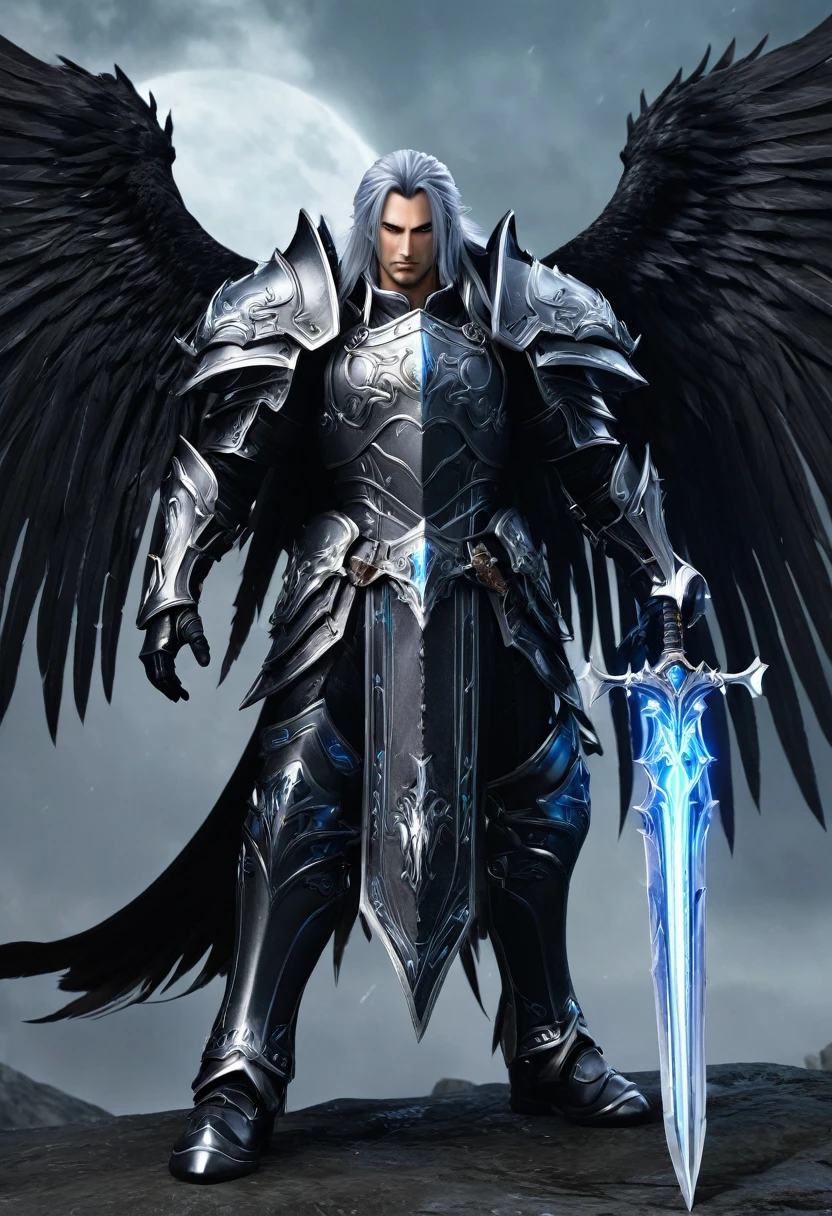 Create a detailed character design for a Nephilim knight, blending elements of celestial heritage and dark, forbidding armor reminiscent of a Death Knight. This character should embody a fusion of divine power and ominous presence. Take inspiration from the Warcraft universe, particularly the character of Arthas, in both his princely and Death Knight forms, and incorporate the gritty, brutal style of Guts from Berserk. Additionally, include facial features similar to Guts and Sephiroth from Final Fantasy.
**Character Background:**
- **Name:** Seraphim Arcturus
- **Lineage:** Half-angel, half-human, with a tragic past that led to his fall from grace.
- **Role:** A fallen protector turned dark avenger, bound to both celestial duties and a cursed destiny.
**Physical Appearance:**
- **Height:** 6'6"
- **Build:** Muscular, rugged, and imposing, with the battle-worn look of a seasoned warrior.
- **Eyes:** Glowing with an icy blue light, reminiscent of the Lich King's gaze.
- **Hair:** Long, silver, and flowing, cascading down his back, with a similar style to Sephiroth’s.
- **Face:** Sharp, angular features with a strong jawline, combining the intense, determined expression of Guts and the ethereal, almost otherworldly handsomeness of Sephiroth.
- **Wings:** Once pure and angelic, now tattered and darkened with shadowy tendrils.
**Armor:**
- **Design:** Heavy, ornate Death Knight armor with intricate engravings and glowing runes. The armor should combine elements of angelic design (such as feathers or wing motifs) with dark, corrupted aesthetics (like skulls, spikes, and jagged edges). Incorporate the gritty, battle-worn aesthetic of Guts' Berserker armor, with visible dents, scratches, and wear from countless battles.
- **Chestplate:** Massive and broad, with a central glowing rune and faint traces of ang