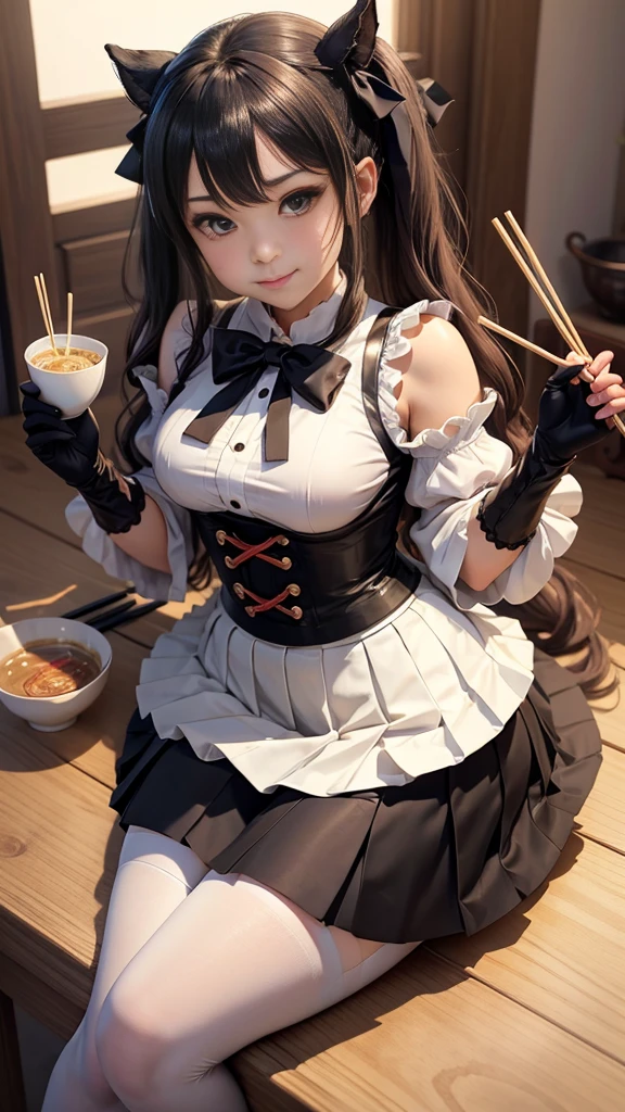masterpiece, top quality, bewitching pose, full body wide angle, smile, (sitting:1.1) ,ichiraku ramen, (eating ramen noodles:1.0), holding chopsticks and ramen bowl, slurp one's noodles,, silence suzuka (umamusume), black gloves, white skirt, pleated skirt, black pantyhose, layered sleeves, puffy short sleeves, short over long sleeves, black bow, festival,