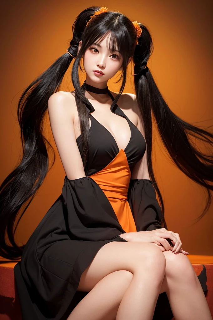 Create an ultra-realistic, lifelike image of a Japanese beauty character with long black hair in twin-tails. She is wearing a thin, flowing orange dress that appears to be intertwined with a liquid-like substance. The character is seated, hugging her knees, and looking directly at the camera. The background is a vivid orange, highlighting the character and her dress. The illustration technique includes detailed texture rendering and emphasis on light reflection, creating a cohesive integration of the character and background. The image should be in a vertical format to best showcase the character's features and pose.