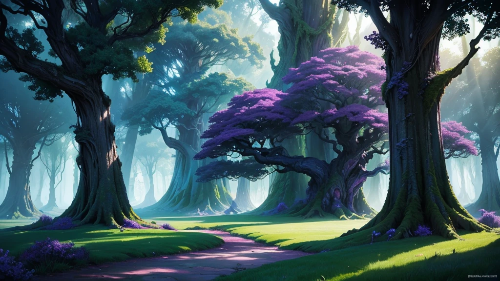 in the style of masters of the universe, flat colors style, bold sharp lines, magical fantasy landscape,blue and purple gnarled trees with long twisting trunks,lush ethereal foliage,green grass,mystical floating islands,epic dramatic lighting,vibrant saturated colors,concept art