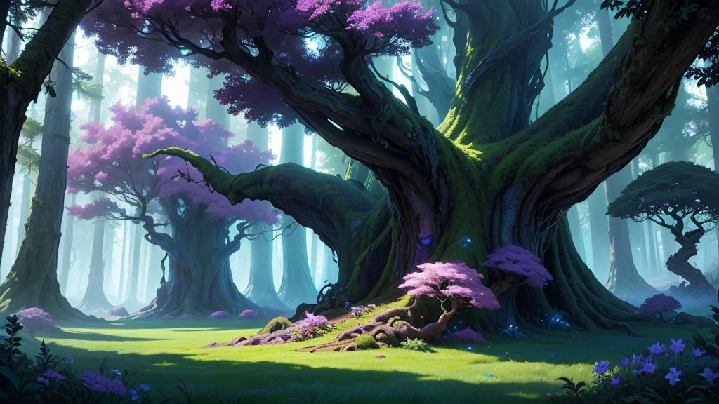 in the style of masters of the universe, flat colors style, bold sharp lines, magical fantasy landscape,blue and purple gnarled trees with long twisting trunks,lush ethereal foliage,green grass,mystical floating islands,epic dramatic lighting,vibrant saturated colors,concept art