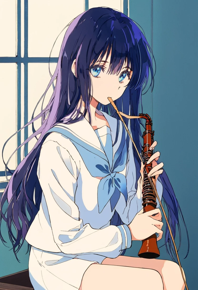 Dark blue hair、Long Hair、Straight Hair、Neat bangs、(/Yorozuka Mizore\)、1 person、Single person,独奏,Anime characters、Holding in his mouth the small, thin reed of the instrument、Beautifully shaped reed、Holding only the reed in his mouth、girl、Expressionless、Lethargic eyes、Leaning against the wall、Sunlight streaming through the window、A corner of the classroom、Upper body only、Sitting、Arms around knees、Arms slightly crossed、Sailor suit with light blue collar、A white sailor suit with a light blue ribbon