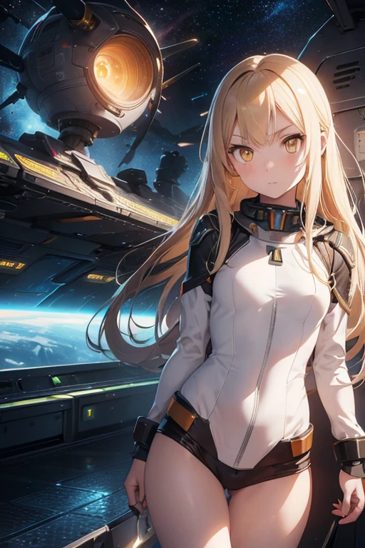 (young girl, 12 years old, blond hair, photorealistic, pale skin), (yellow (eyes:1.2)), (slim build:1.3), (fantasy space suit), beautiful face, symmetrical face, Greg Rutkowski, wlop and Sam Kuvshinov, (long hair), blond eyelashes, large iris, large pupil, full body, standing on the background of the cosmodrome, artstation, 8k, science fiction, pastel colors, props, panel, concept, futuristic, gribble, simon stalenhag, space, in outer space, a spaceship in the sky, technological blocks