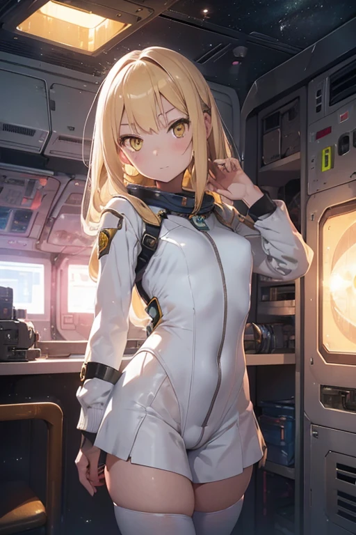 Yuki Mori from Space Battleship Yamato, Mori Yuki, wearing all yellow tight uniform, Space battleship 1999 Yamato uniform, all yellow uniform, blond hair, inside a spaceship, white corridor, brightly lit, small round windows showing space, bending forward at the hip, to pick up the gun on the floor, knees straight, very long legs, action pose