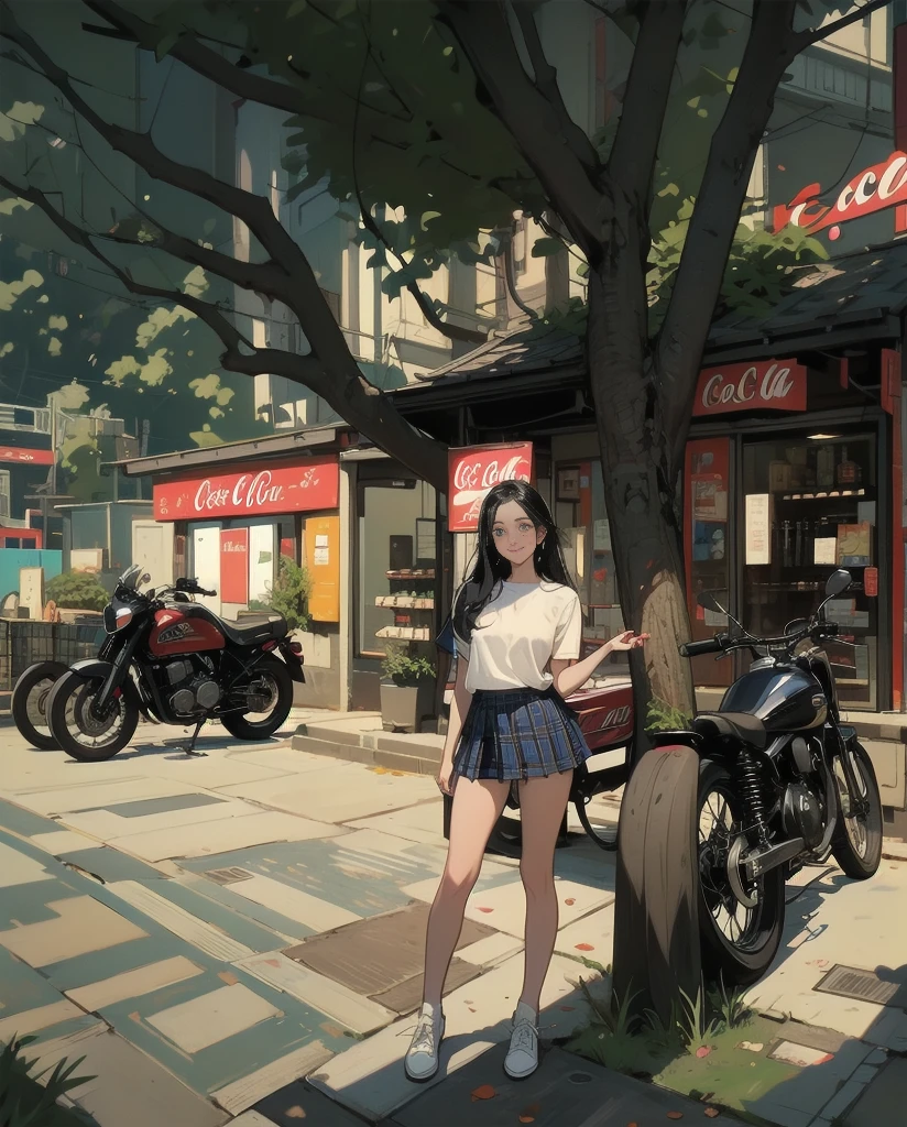 1girl, solo, long hair, breasts, looking at viewer, blush, smile, blue eyes, skirt, shirt, black hair, closed mouth, standing, white shirt, short sleeves, pleated skirt, indoors, plaid, leaning forward, red skirt, plaid skirt, arms behind back, can, locker, shop, vending machine, coca-cola