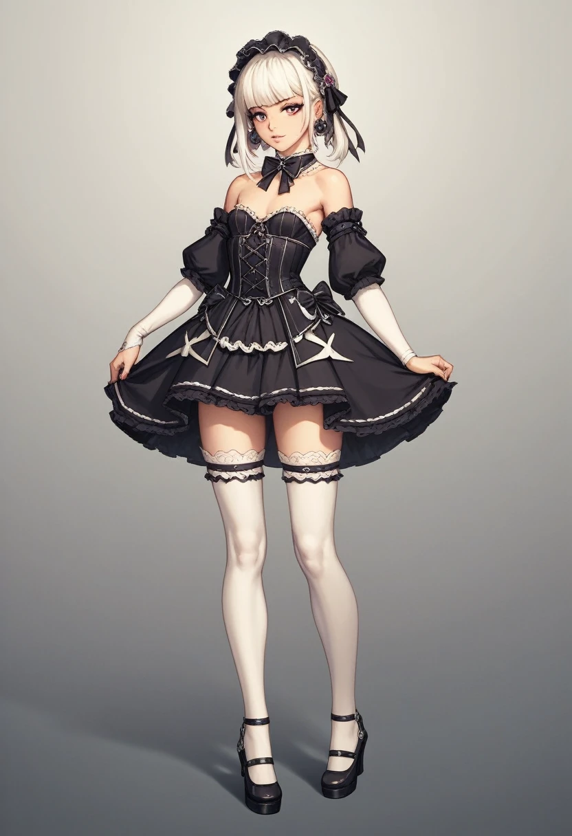 masterpiece, top-quality, masterpiece, top-quality,ighly detailed,{top-quality}, {{masterpiece}}, {hight resolution},original, {extremely delicate and beautiful},masterpiece, top-quality,ighly detailed,{top-quality},white hair, gothic ta, full body, standing, white thighhighs, small breast,
