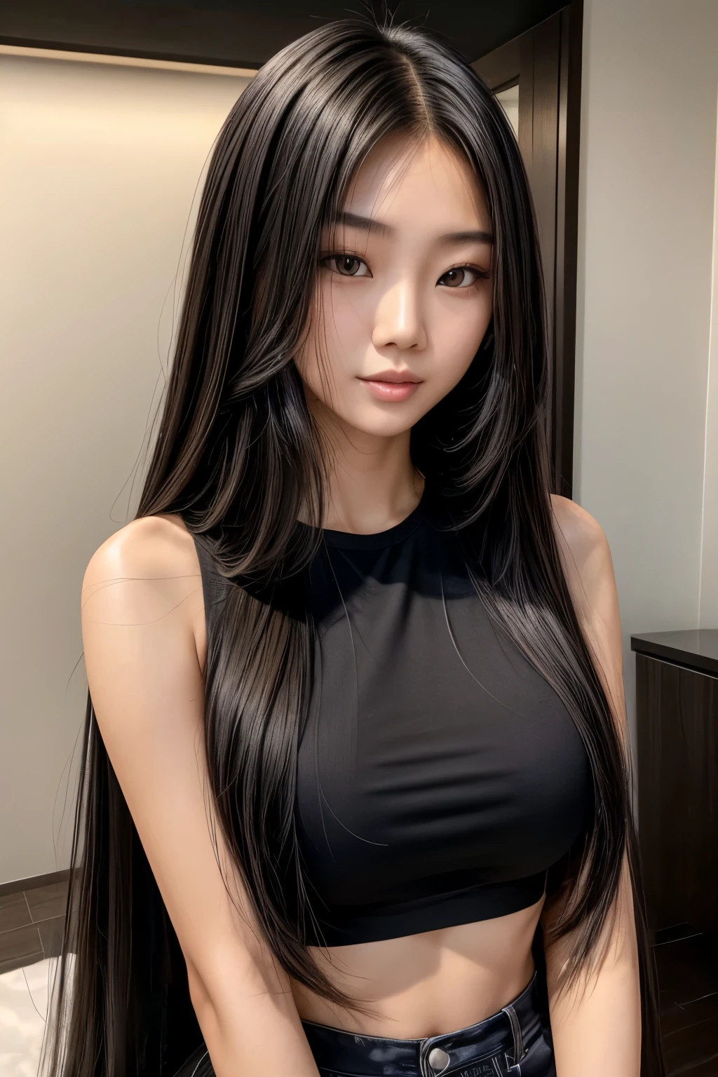 Asian woman with long hair and black top posing for a photo, Asian with long hair, young asian, thin girl model photo, linda jovem korean, beautiful asian girl, a young asian woman, linda jovem korean, Japanese model, linda mulher sul-korean, 2 4 old female model, korean, young asian woman
