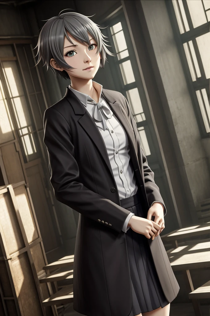 Anime girl in the style of BUNGO STRAY DOGS Age 17 years Height 150 Weight 50 kilos Short hair (wolf cut)
Gray eyes Thin and light skin