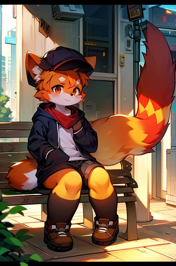 A cartoon-style drawing of a red panda wearing a hat sitting on a bench, Fashionably dressed fursona, Fox Girl, Cute fox, Anthropomorphic fox, artstation pixivでトレンド, Full Body Commission, High quality anime art style, High resolution consignment, Anthropomorphic fox, High quality fan art, Anthropomorphic Cyberpunk Red Panda