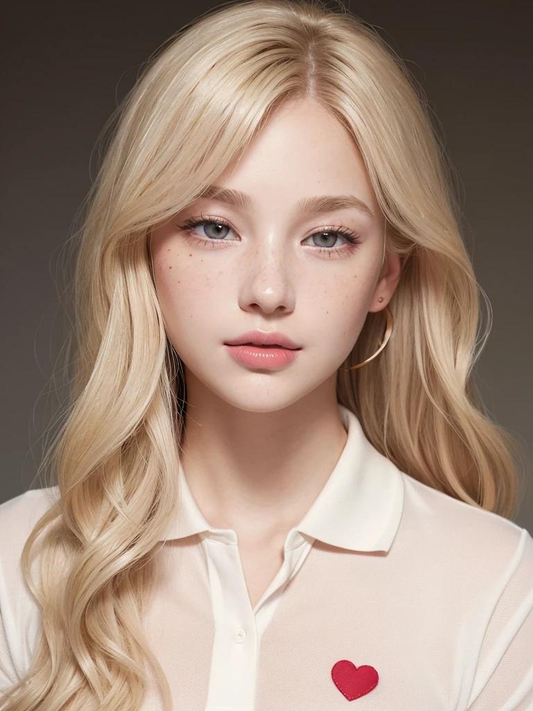 Light blonde hair, Wavy blonde hair, Wavy blonde hair, With small fringe, black eye, Upturned and beautiful nose, Thick lips, Cupid with heart shaped lips.., Pink Lips, pale, White skin, Nice and soft skin, I have freckles and moles, Beautiful eyebrows, Exceptionally beautiful collarbones, He is wearing a polo shirt, dark red, With women's underwear, slim and beautiful stomach, Bare neckline, (Large Breasts, Soft Breasts, Natural Breasts, Bare neckline), While holding a rose, Looking at the camera, Auto Photo、In underwear、