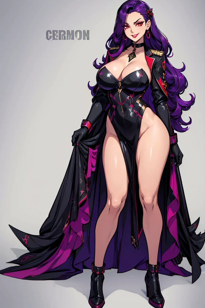 (masterpiece, best quality, high resolution, (huge breasts)) 1 beautiful woman, very long curly purple hair, red lips, black cyberpunk style military uniform, black pantyhose, black gloves, evil smile, cross earrings, choker, evil smile , flirty posture,(white background, Stickers.Redmond ), ((full body standing)),
