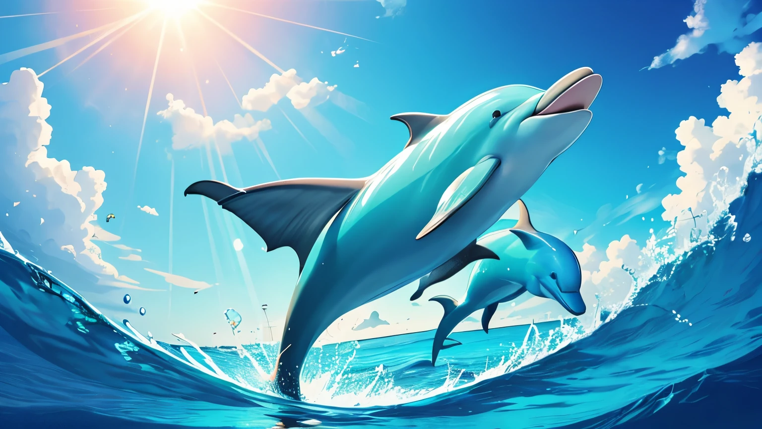 Joyful dolphins playing in sunlit ocean, heart-shaped water splashes, message in a bottle nearby, vibrant and cheerful colors, illustration style"