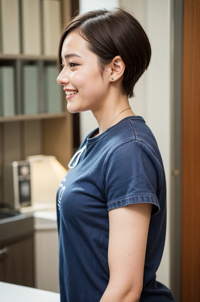 Top quality, 1 beautiful woman, super short Hair, Giddy Smile, wearing Shirt,Profile