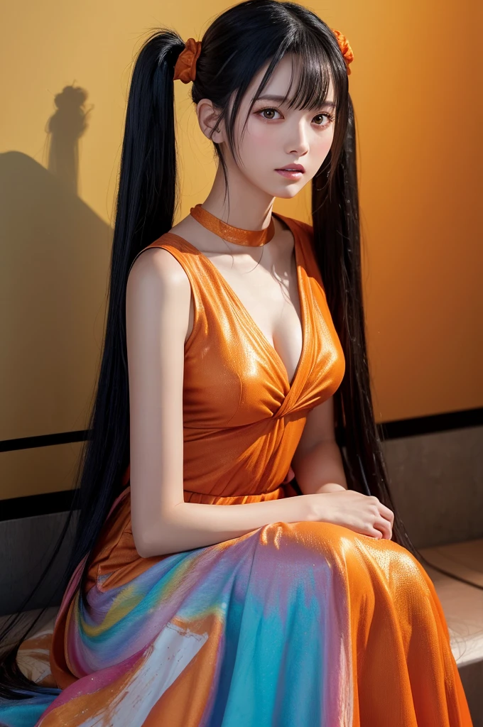 Create an ultra-realistic, lifelike image of a Japanese beauty character with long black hair in twin-tails. She is wearing a thin, flowing orange dress that appears to be intertwined with a liquid-like substance. The character is seated, hugging her knees, and looking directly at the camera. The background is a vivid orange, highlighting the character and her dress. The illustration technique includes detailed texture rendering and emphasis on light reflection, creating a cohesive integration of the character and background. The image should be in a vertical format to best showcase the character's features and pose.