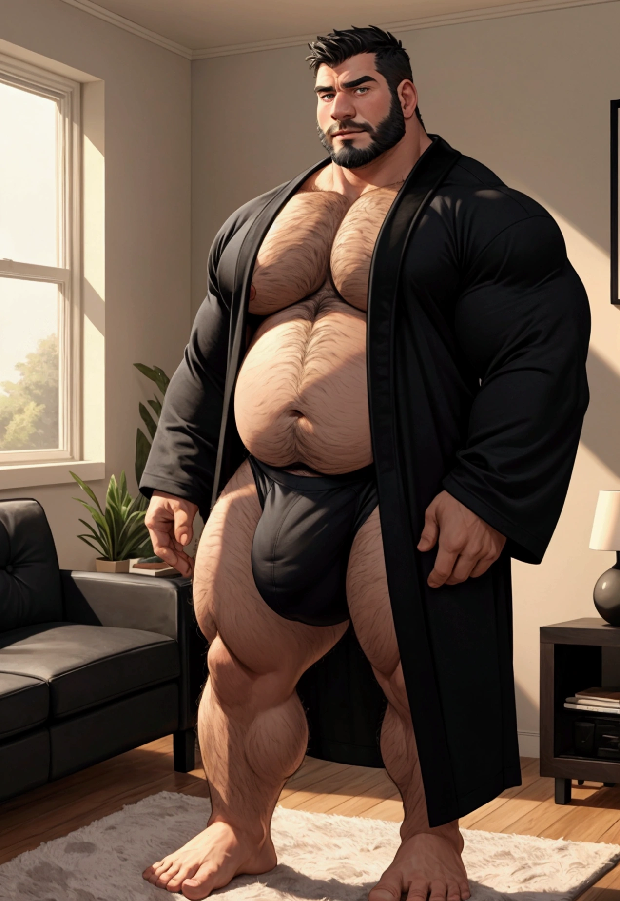 40 years old white Male, tall, giant body, masculine, handsome, dad bod, beefy, strong arms and legs, wide shoulders, a bit chubby muscle gut, a bit of fat but still very muscular, (extremely hairy), (a lot of body hair), short beard, untie black bathrobe with long sleeves, ((black brief with a oversized huge bulge)), barefoot, smirking, modern minimalist living room