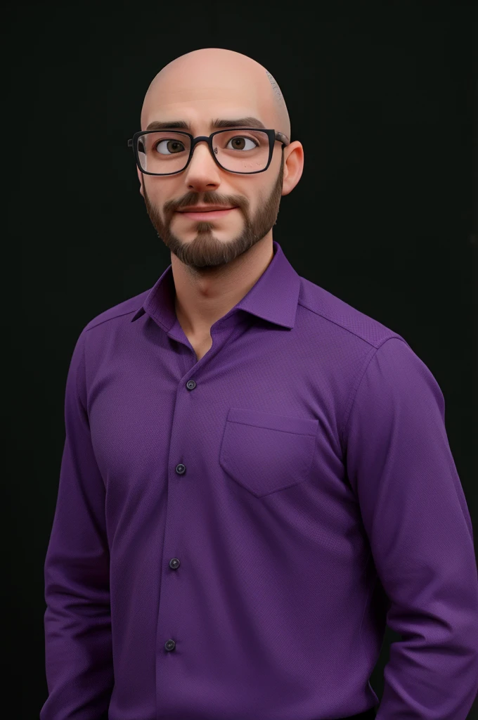 Slim man, short beard, bald, purple shirt, wearing glasses