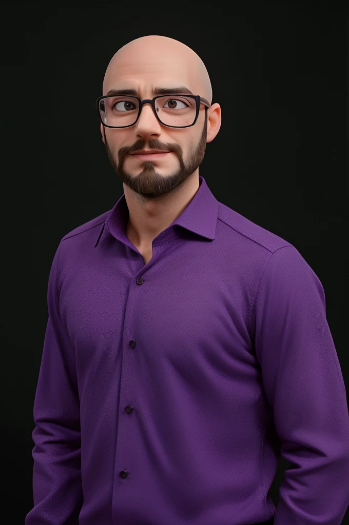 Slim man, short beard, bald, purple shirt, wearing glasses