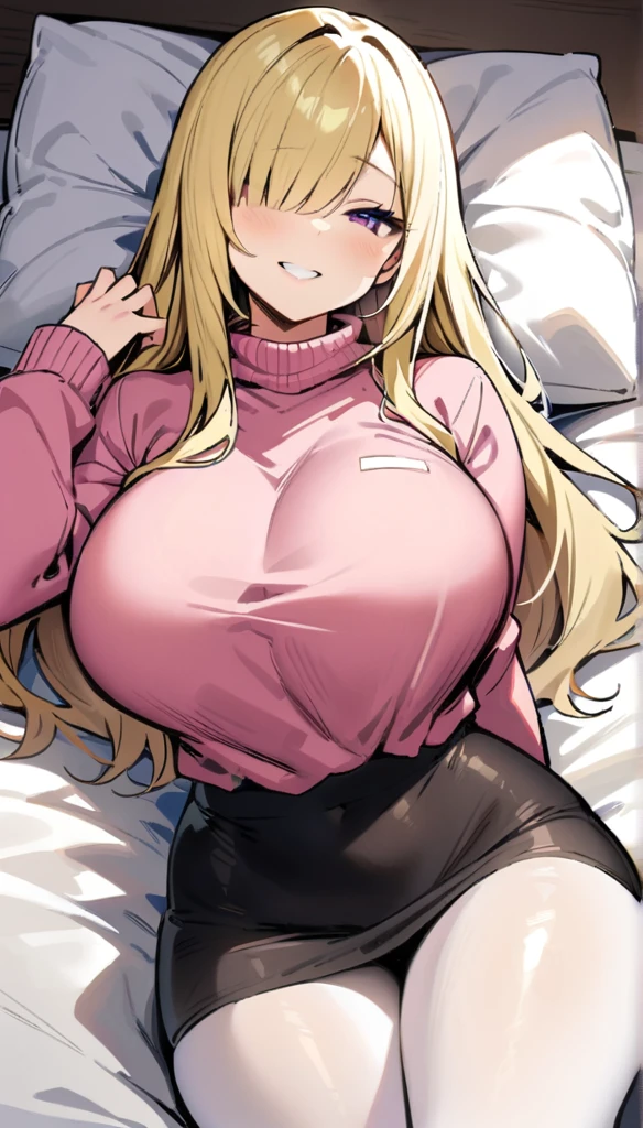 ((Best Quality)), ((Masterpiece)), (detailed), 1 girl, Pastel yellow hair, long hair, hair covers one eye, purple eyes, tight, big breasts, big thighs, expression smiling shy, Pink sweater, short negros tights, small white tights, lying on one side, looking at the viewer