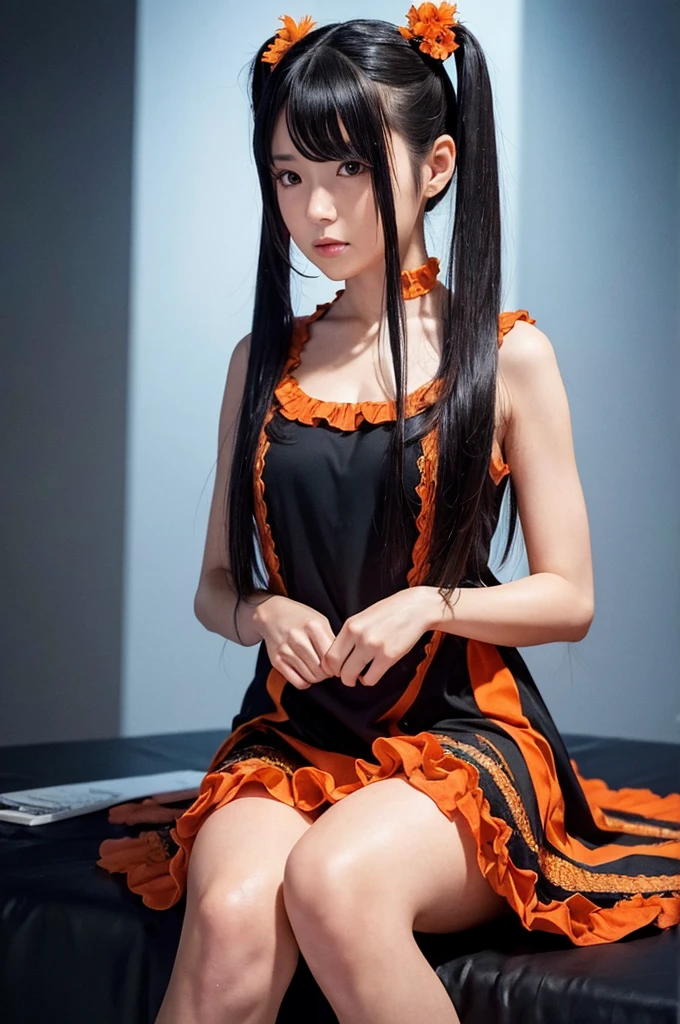 Create an ultra-realistic, lifelike image of a Japanese beauty character with long black hair in twin-tails. She is wearing a thin, flowing orange dress that appears to be intertwined with a liquid-like substance. The character is seated, hugging her knees, and looking directly at the camera. The background is a vivid orange, highlighting the character and her dress. The illustration technique includes detailed texture rendering and emphasis on light reflection, creating a cohesive integration of the character and background. The image should be in a vertical format to best showcase the character's features and pose.