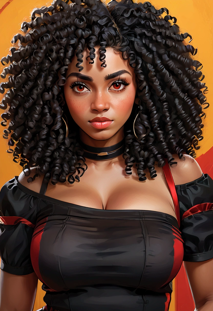 (masterpiece:1.2), (best quality), (ultra detailed), (8k, 4k, intricate),(half-body-shot:1), (highly detailed:1.2),(detailed background:1.2),((big breasts)),((frizzy Afro hair), An photo of a curvy black woman with a black off shoulder shirt and curly hair, red eyes, curly bangs, curly middle part haircut, black curly hair, curly afro, long wild black curly hair, curly haired, black long curly hair, curly black hair, long black curly hair, her face framed with curls, short black curly hair, curly, profile image, curly hair, with afro