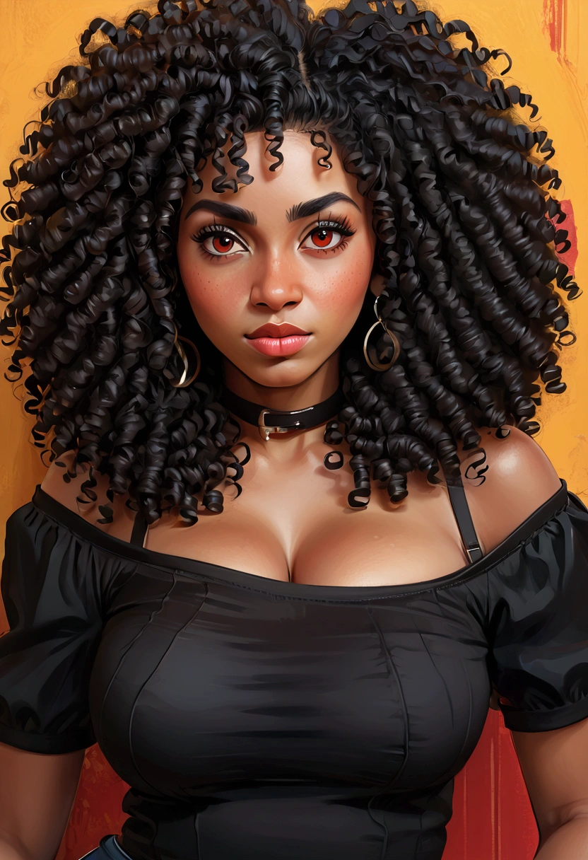 (masterpiece:1.2), (best quality), (ultra detailed), (8k, 4k, intricate),(half-body-shot:1), (highly detailed:1.2),(detailed background:1.2),((big breasts)),((frizzy Afro hair), An photo of a curvy black woman with a black off shoulder shirt and curly hair, red eyes, curly bangs, curly middle part haircut, black curly hair, curly afro, long wild black curly hair, curly haired, black long curly hair, curly black hair, long black curly hair, her face framed with curls, short black curly hair, curly, profile image, curly hair, with afro