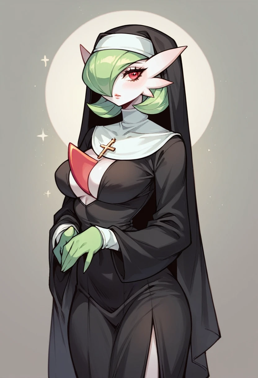 gardevoir with very big legs and very big tits dressed as a nun with a short skirt and realistic lighting