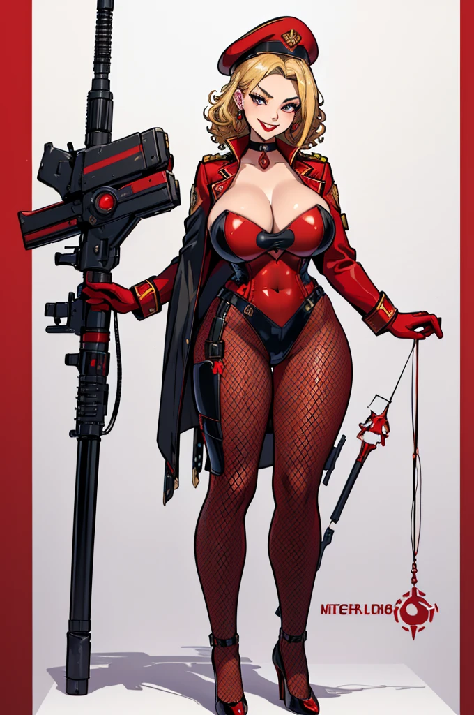 (masterpiece, best quality, high resolution, ((huge breasts)) 1 beautiful woman, sensual body, very short curly blonde hair, red lips, red cyberpunk style military uniform, fishnet pantyhose, red gloves, smile, earrings, choker, military hat, red heels,(white background, Stickers.Redmond ), ((full body standing)),