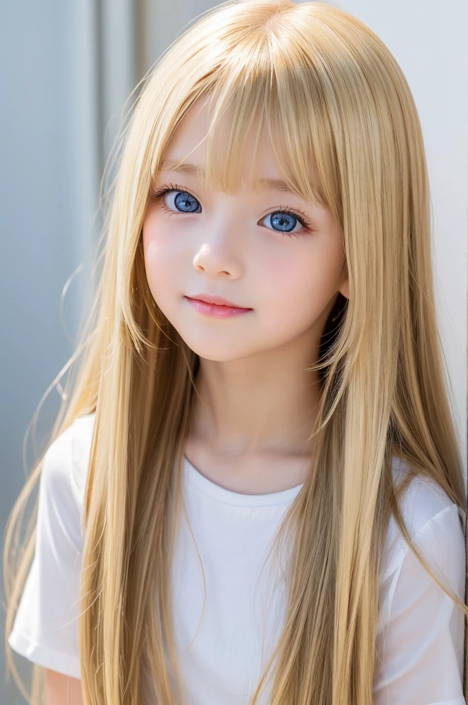 Beautiful super long straight hair、Shining gold color、Bright expression、Bright blonde girl posing in a white top、Long golden bangs over the eyes and nose,,,,,,、Shiny white skin、Shining Cheeks、Reality Girls、10 year old girl、Beautiful girl in shining platinum blonde、Beautiful big bright blue eyes