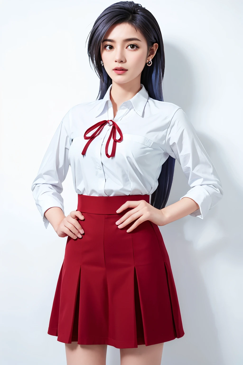 long hair, blue hair color, shy,amber eyes,tall,look up at the viewer,hands on crotch, a full-body shot, long legs, largr breast,earrings,mini skirt,masterpiece, best quality, standing,Simple White Background, mio serizawa, long sleeves,red ribbon,white shirt, vest, beauty face