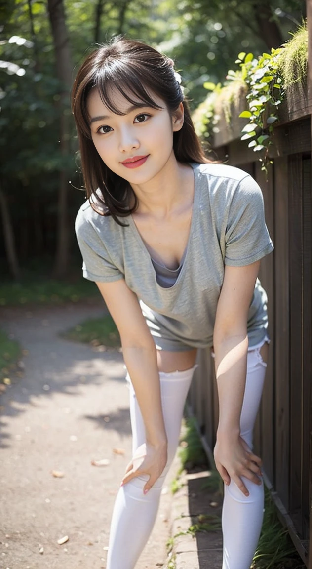 masterpiece, best quality, Surreal, Ultra Detailed, 8k resolution, RAW photos, Clear focus, (A girl in the forest), ((light gray shirt:1.1)), Short sleeve, sports Shorts,Full body posture, Solitary, (Half body:1.2),Perfect body, Become a, Bangs to eyebrows、Beautiful brown hair、Beautiful and delicate eyes、Brown eyes、Raise an eyebrow、High Nose、Small nostril、Little mouth、Tempting lips、Mouth slightly open、Beautiful breasts、Full body、Oval face, Both eyes, Both eyes皮, Long eyebrows, Long eyelashes, A faint smile, 32 inches in the chest,(a charming smile:1), (sexy pose),(standing pose) ,26 years old, light,White shoes