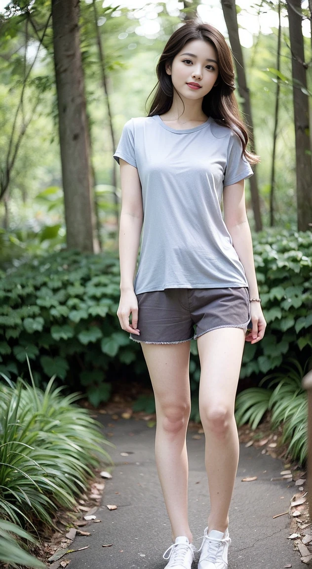masterpiece, best quality, Surreal, Ultra Detailed, 8k resolution, RAW photos, Clear focus, (A girl in the forest), ((light gray shirt:1.1)), Short sleeve, sports Shorts,Full body posture, Solitary, (Half body:1.2),Perfect body, Become a, Bangs to eyebrows、Beautiful brown hair、Beautiful and delicate eyes、Brown eyes、Raise an eyebrow、High Nose、Small nostril、Little mouth、Tempting lips、Mouth slightly open、Beautiful breasts、Full body、Oval face, Both eyes, Both eyes皮, Long eyebrows, Long eyelashes, A faint smile, 32 inches in the chest,(a charming smile:1), (sexy pose),(standing pose) ,26 years old, light,White shoes