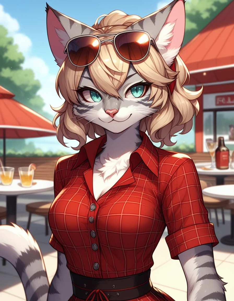 score_9,score_8_up,score_7_up, kemono style, Kat, Anthro furry feline, silver fur, grey stripes on body, aviator sunglasses covering eyes. short wavy blonde hair, red bandana tied to head, pink nose, :3, upper body shot, wearing red plaid tied collared shirt, black waist shorts with buttons, outdoors, standing in front of a 1940s diner, on hand one waist, full body shot, red pumps heels, seductive pose, full body shot